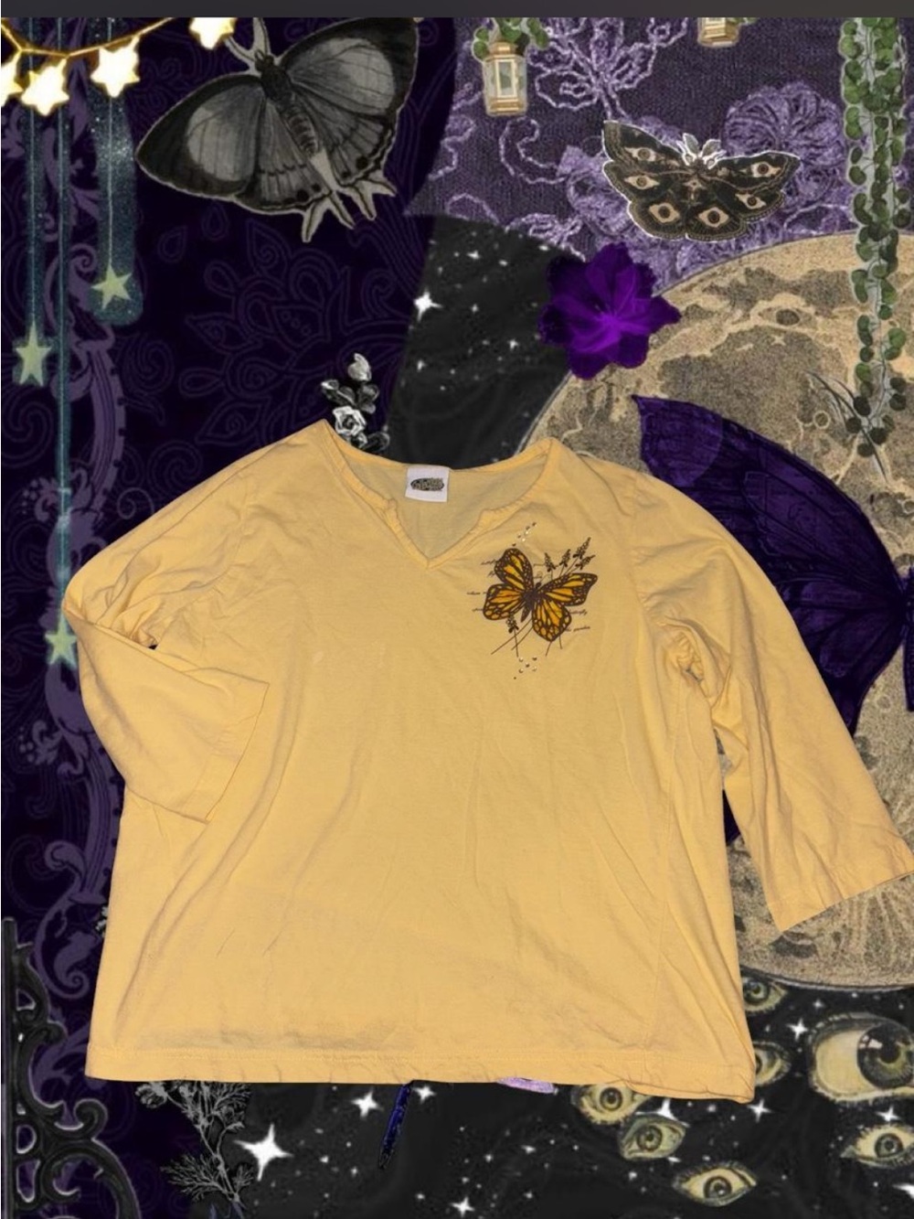 Y2K Yellow Butterfly Graphic Top Rhinestone Bedazzled Tee 3/4 Sleeve